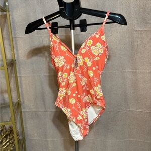 LOFT Beach Floral One Piece Swimsuit Small Orange Lace Up Back Bathing Suit